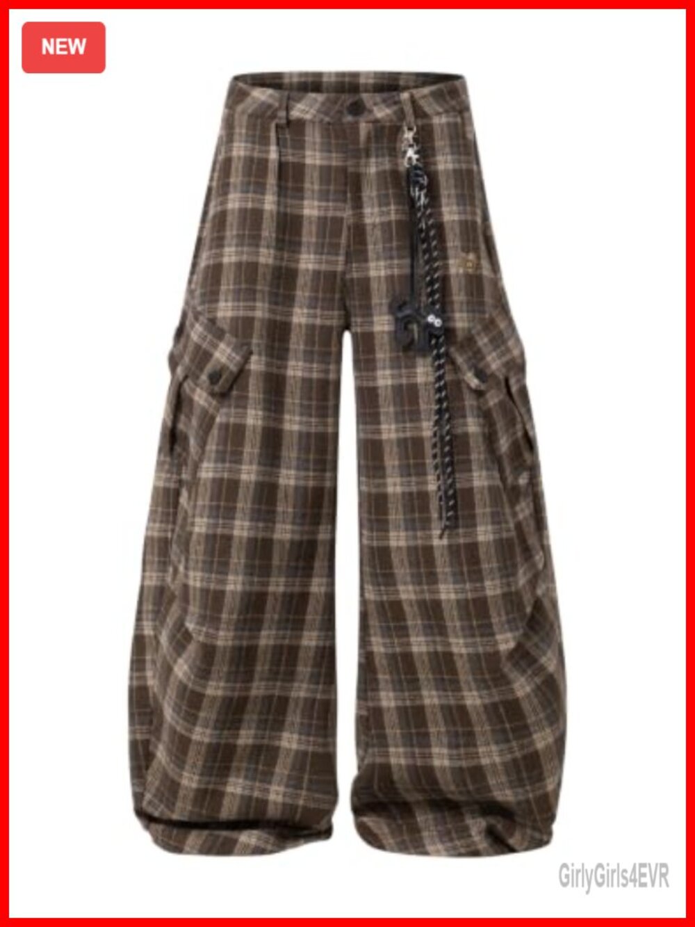 Plaid Cargo Pants Wide Leg Baggy Barrel Y2K Streetwear Trousers with Chain